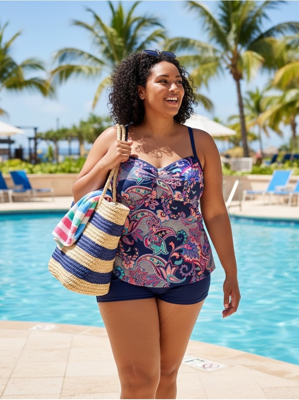 💙🩷 Christina Plus Size Medallion Paisley Tankini Swim Top Navy Hot Pink EUC 18W
